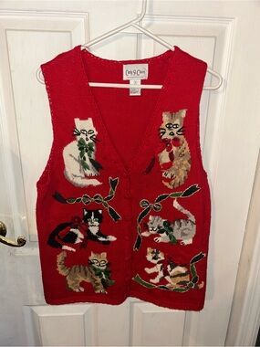 Vintage Carly St. Claire Red Cat Holiday Knit Vest